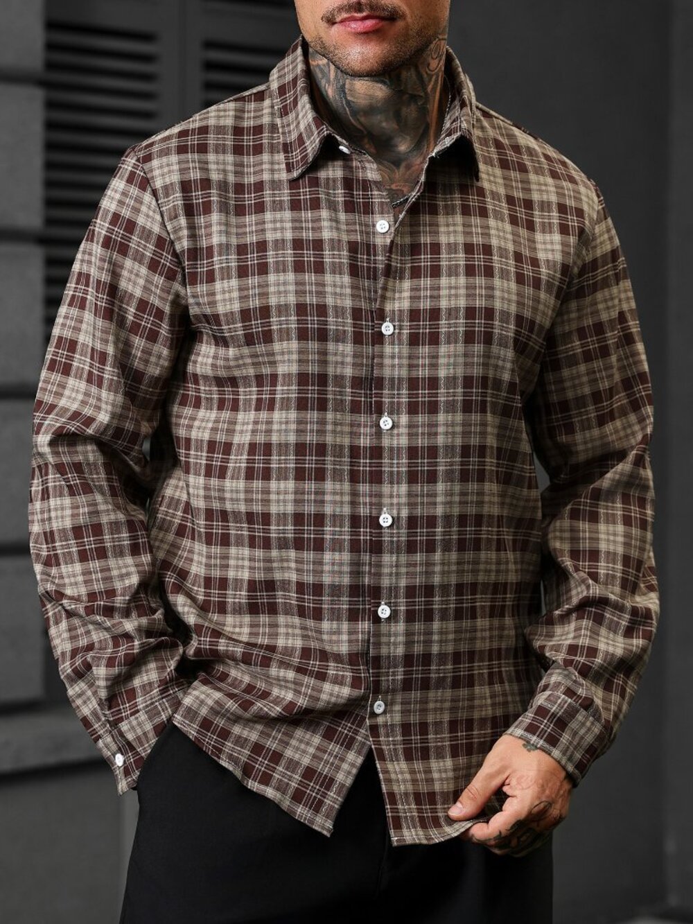 Brown Casual Men's Plaid Single-Breasted Long Sleeve Shirt - Picture 4 of 5